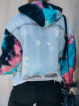 Women's Jackets Colorblock Tie-Dye Ripped Fringed Denim Jacket - Coats & Jackets - INS | Online Fashion Free Shipping Clothing, Dresses, Tops, Shoes - 30/09/2021 - Coats & Jackets - Color_Blue