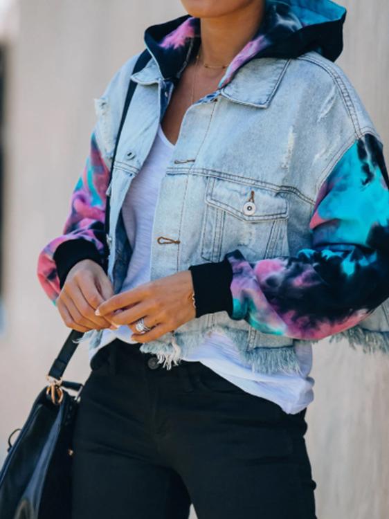 Women's Jackets Colorblock Tie-Dye Ripped Fringed Denim Jacket - Coats & Jackets - INS | Online Fashion Free Shipping Clothing, Dresses, Tops, Shoes - 30/09/2021 - Coats & Jackets - Color_Blue