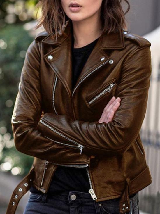 Women's Jackets Cool Zip Crop Slim Leather Jacket - Coats & Jackets - INS | Online Fashion Free Shipping Clothing, Dresses, Tops, Shoes - 15/10/2021 - Coats & Jackets - Color_Black