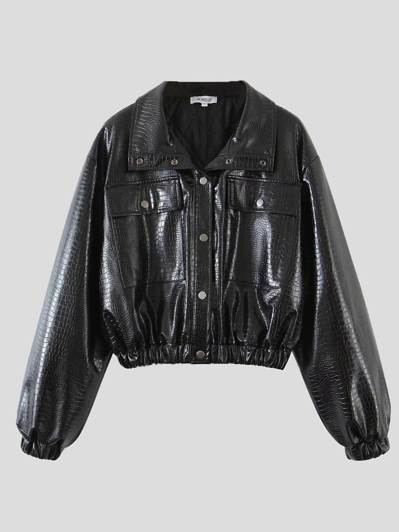 Women's Jackets Crocodile Pattern Button Pocket Short PU Leather Jacket - Coats & Jackets - INS | Online Fashion Free Shipping Clothing, Dresses, Tops, Shoes - 29/11/2021 - Coats & Jackets - color-black