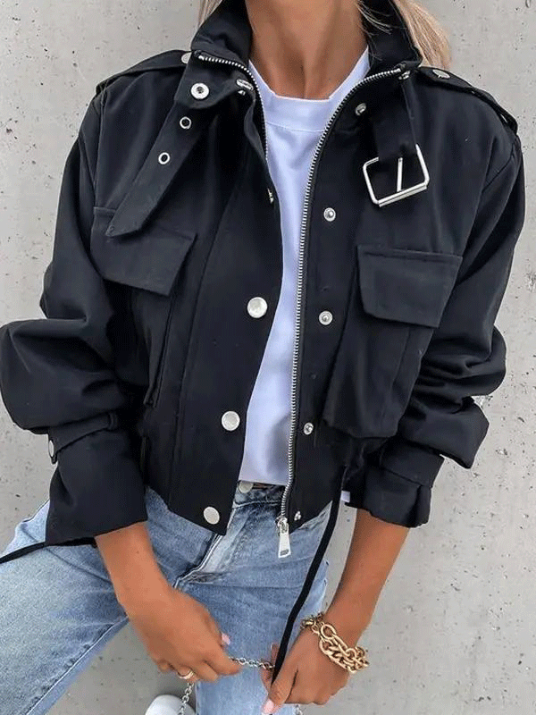 Women's Jackets Drawstring Pocket Zipper Buckle Cropped Jacket - Coats & Jackets - INS | Online Fashion Free Shipping Clothing, Dresses, Tops, Shoes - 29/09/2021 - 40-50 - Coats & Jackets