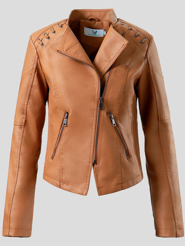 Women's Jackets Fashion Lapel Zip Leather Jacket - Coats & Jackets - INS | Online Fashion Free Shipping Clothing, Dresses, Tops, Shoes - 26/08/2021 - Coats & Jackets - color-beige