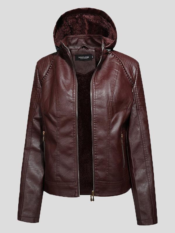 Women's Jackets Fleece Hooded Zipper Slim Leather Jacket - Coats & Jackets - INS | Online Fashion Free Shipping Clothing, Dresses, Tops, Shoes - 26/08/2021 - Coats & Jackets - color-black