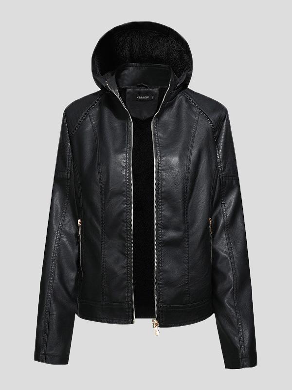 Women's Jackets Fleece Hooded Zipper Slim Leather Jacket - Coats & Jackets - INS | Online Fashion Free Shipping Clothing, Dresses, Tops, Shoes - 26/08/2021 - Coats & Jackets - color-black