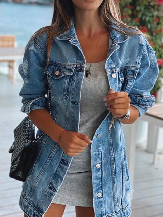 Women's Jackets Long Sleeve Lapel Pocket Ripped Denim Jacket - Coats & Jackets - INS | Online Fashion Free Shipping Clothing, Dresses, Tops, Shoes - 30/09/2021 - Coats & Jackets - Color_Blue