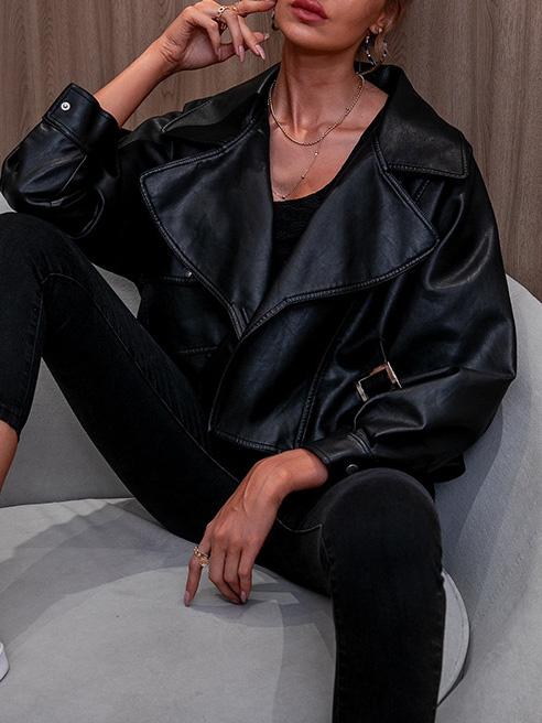 Women's Jackets Loose Lapel Long Sleeve PU Leather Jacket - Coats & Jackets - INS | Online Fashion Free Shipping Clothing, Dresses, Tops, Shoes - 29/11/2021 - Coats & Jackets - color-black