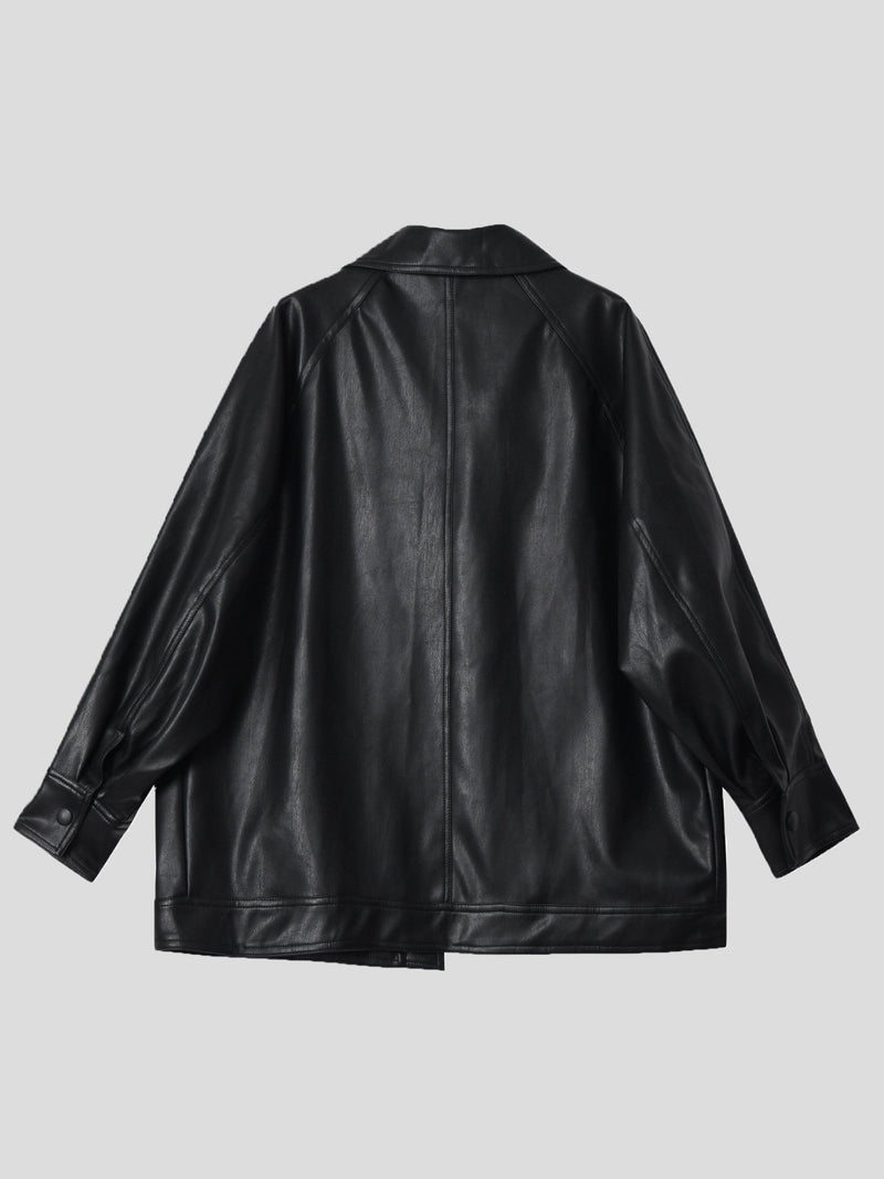 Women's Jackets Loose Retro Pocket Belt PU Leather Jacket - Coats & Jackets - INS | Online Fashion Free Shipping Clothing, Dresses, Tops, Shoes - 29/11/2021 - Coats & Jackets - color-black