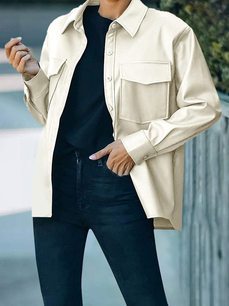 Women's Jackets Pocket Button Long Sleeve Leather Jacket - Coats & Jackets - INS | Online Fashion Free Shipping Clothing, Dresses, Tops, Shoes - 15/11/2021 - Coats & Jackets - Color_Apricot