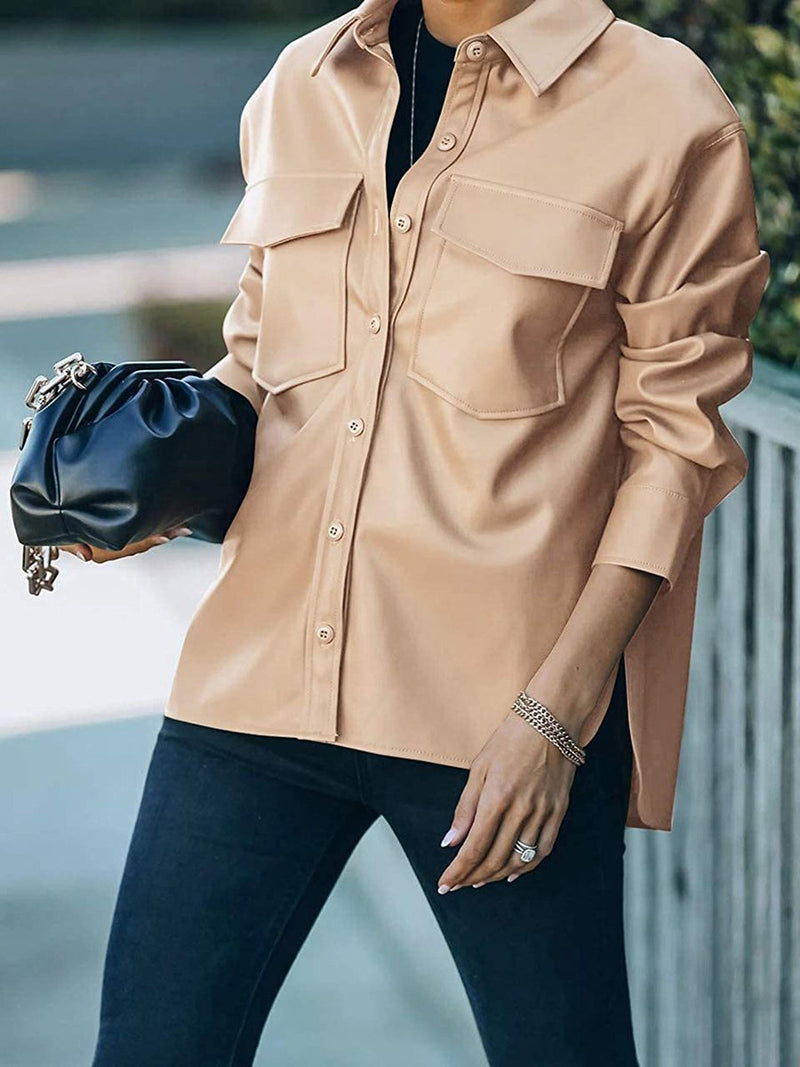 Women's Jackets Pocket Button Long Sleeve Leather Jacket - Coats & Jackets - INS | Online Fashion Free Shipping Clothing, Dresses, Tops, Shoes - 15/11/2021 - Coats & Jackets - Color_Apricot