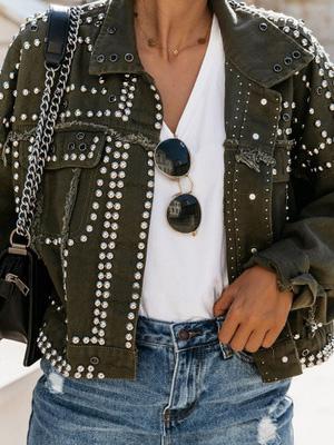Women's Jackets Street Fighter Motorcycle Washed Denim Rivet Jacket - Coats & Jackets - INS | Online Fashion Free Shipping Clothing, Dresses, Tops, Shoes - 23/09/2021 - Coats & Jackets - color-army_green