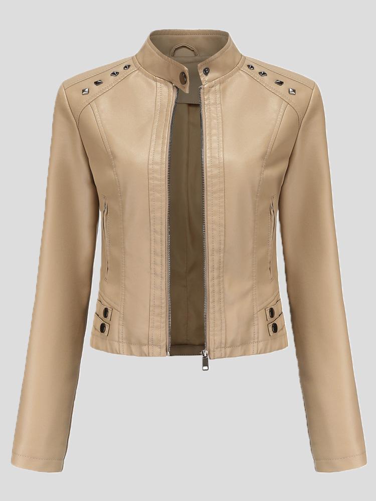 Women's Jackets Studded Stand Collar Long Sleeve Short Leather Jacket - Coats & Jackets - INS | Online Fashion Free Shipping Clothing, Dresses, Tops, Shoes - 29/11/2021 - Coats & Jackets - color-apricot