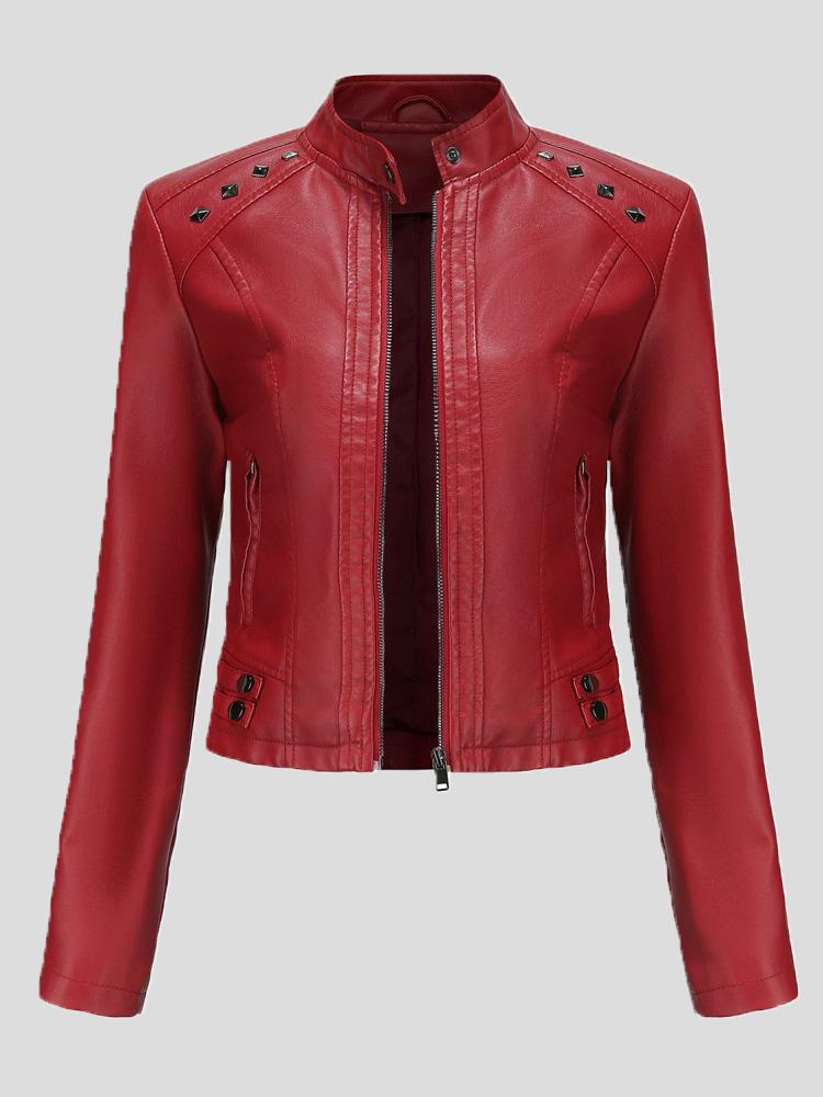 Women's Jackets Studded Stand Collar Long Sleeve Short Leather Jacket - Coats & Jackets - INS | Online Fashion Free Shipping Clothing, Dresses, Tops, Shoes - 29/11/2021 - Coats & Jackets - color-apricot