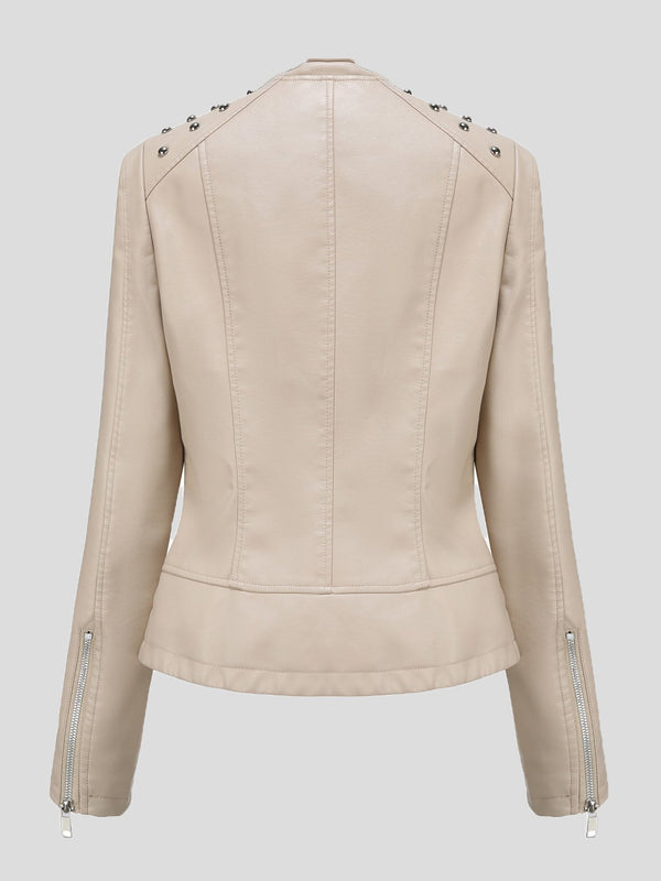 Women's Jackets Studded Zipper Lapel Leather Jacket - Coats & Jackets - INS | Online Fashion Free Shipping Clothing, Dresses, Tops, Shoes - 20/10/2021 - Coats & Jackets - color-beige