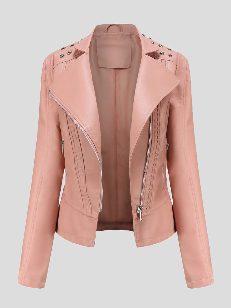 Women's Jackets Studded Zipper Lapel Leather Jacket - Coats & Jackets - INS | Online Fashion Free Shipping Clothing, Dresses, Tops, Shoes - 20/10/2021 - Coats & Jackets - color-beige
