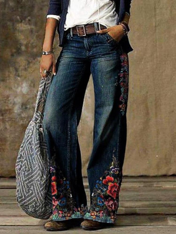 Women's Jeans Casual Floral Print Pocket Wide-Leg Jeans - Jeans - INS | Online Fashion Free Shipping Clothing, Dresses, Tops, Shoes - 15/09/2021 - 20-30 - Bottom