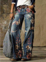 Women's Jeans Casual Floral Print Pocket Wide-Leg Jeans - Jeans - INS | Online Fashion Free Shipping Clothing, Dresses, Tops, Shoes - 15/09/2021 - 20-30 - Bottom