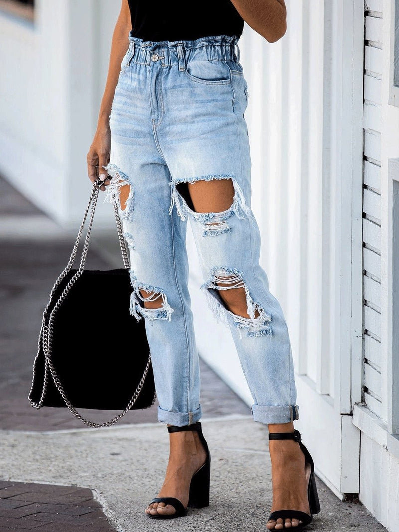 Women's Jeans Elastic Waist Ripped Straight-Leg Jeans - Jeans - INS | Online Fashion Free Shipping Clothing, Dresses, Tops, Shoes - 03/09/2021 - 20-30 - Bottom