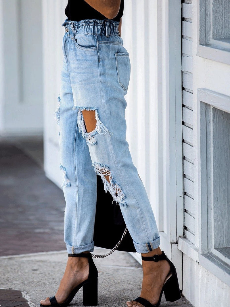 Women's Jeans Elastic Waist Ripped Straight-Leg Jeans - Jeans - INS | Online Fashion Free Shipping Clothing, Dresses, Tops, Shoes - 03/09/2021 - 20-30 - Bottom
