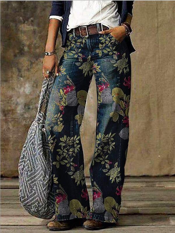 Women's Jeans Floral Print Casual Wide-Leg Jeans - Jeans - INS | Online Fashion Free Shipping Clothing, Dresses, Tops, Shoes - 15/09/2021 - 30-40 - Bottom