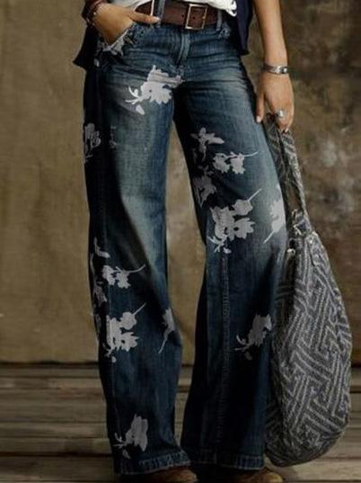 Women's Jeans Floral Print Pocket Wide-Leg Jeans - Jeans - INS | Online Fashion Free Shipping Clothing, Dresses, Tops, Shoes - 15/09/2021 - 30-40 - Bottom