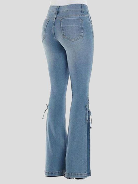 Women's Jeans Mid-Waist Pocket Lace-Up Stretch Flared Jeans
