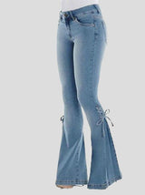 Women's Jeans Mid-Waist Pocket Lace-Up Stretch Flared Jeans