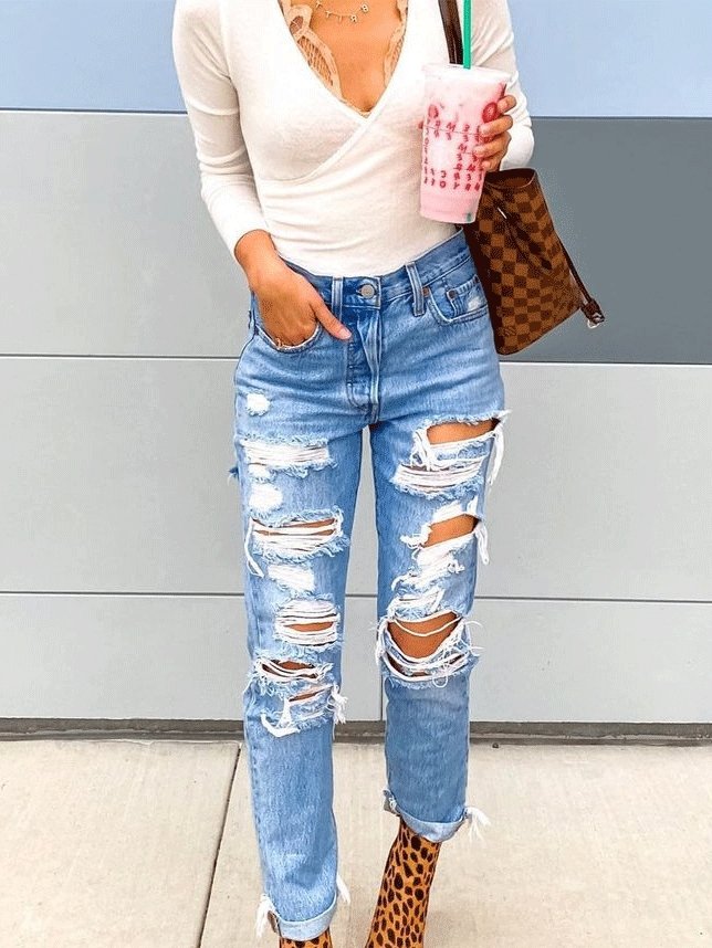 Women's Jeans Ripped Straight-Leg Slim-Fit Jeans - Jeans - INS | Online Fashion Free Shipping Clothing, Dresses, Tops, Shoes - 03/09/2021 - 20-30 - Bottom