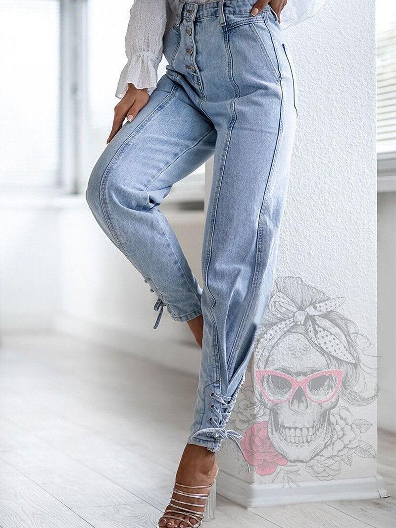 Women's Jeans Simple High Waist Slim Tie Feet Jean - Jeans - INS | Online Fashion Free Shipping Clothing, Dresses, Tops, Shoes - 23/10/2021 - 30-40 - Bottoms