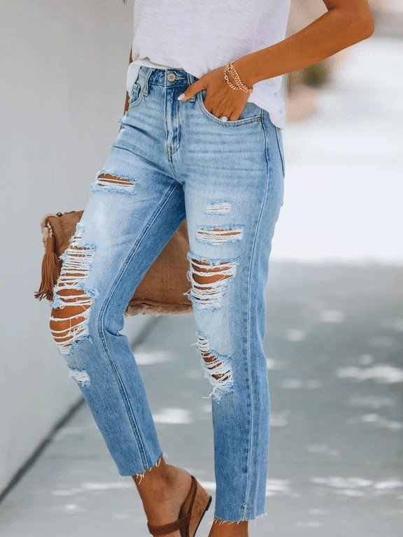 Women's Jeans Simple Temperament Ripped Slim-Fit Washed Jeans - Jeans - INS | Online Fashion Free Shipping Clothing, Dresses, Tops, Shoes - 03/09/2021 - 30-40 - Bottom