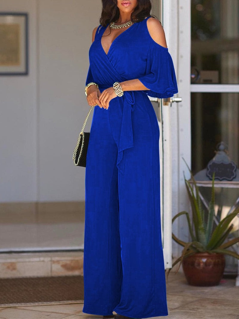 Women's Jumpsuits Deep V-Neck Off-Shoulder Belted Wide Leg Jumpsuit - Jumpsuits & Rompers - Instastyled | Online Fashion Free Shipping Clothing, Dresses, Tops, Shoes - 03/12/2021 - 20-30 - Bottoms