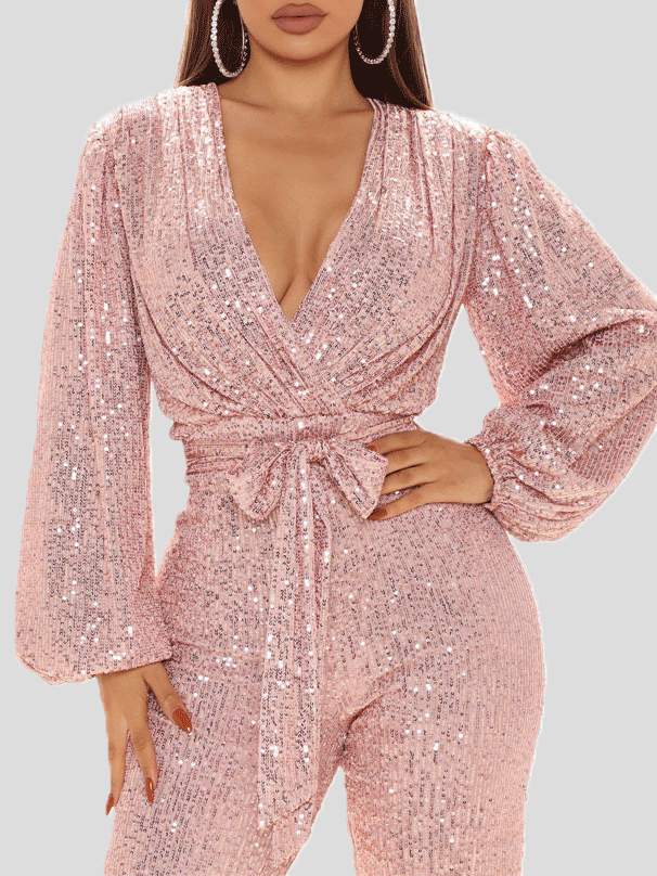 Women's Jumpsuits Deep V-Neck Sequined Long Sleeve Wide-Leg Jumpsuit - Jumpsuits & Rompers - Instastyled | Online Fashion Free Shipping Clothing, Dresses, Tops, Shoes - 21/12/2021 - Bottoms - color-black