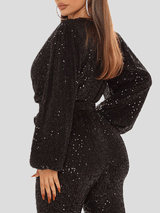 Women's Jumpsuits Deep V-Neck Sequined Long Sleeve Wide-Leg Jumpsuit - Jumpsuits & Rompers - Instastyled | Online Fashion Free Shipping Clothing, Dresses, Tops, Shoes - 21/12/2021 - Bottoms - color-black