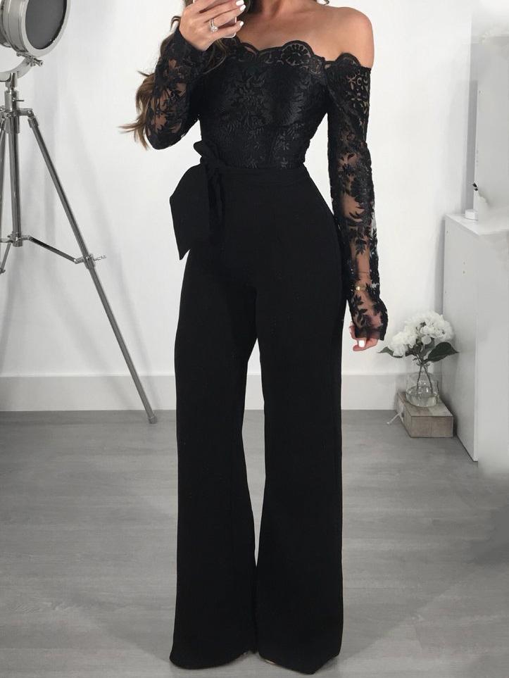Women's Jumpsuits Lace Boat Neck Long Sleeve Wide Leg Jumpsuit - Jumpsuits & Rompers - Instastyled | Online Fashion Free Shipping Clothing, Dresses, Tops, Shoes - 07/12/2021 - 40-50 - Bottoms