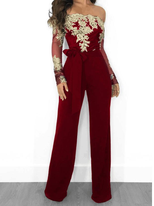 Women's Jumpsuits Lace Boat Neck Long Sleeve Wide Leg Jumpsuit - Jumpsuits & Rompers - Instastyled | Online Fashion Free Shipping Clothing, Dresses, Tops, Shoes - 07/12/2021 - 40-50 - Bottoms