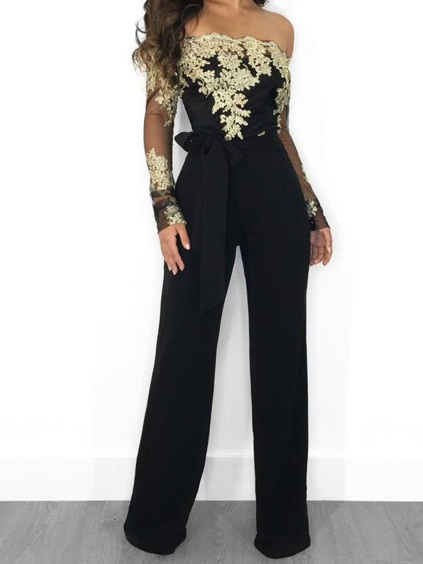 Women's Jumpsuits Lace Boat Neck Long Sleeve Wide Leg Jumpsuit - Jumpsuits & Rompers - Instastyled | Online Fashion Free Shipping Clothing, Dresses, Tops, Shoes - 07/12/2021 - 40-50 - Bottoms