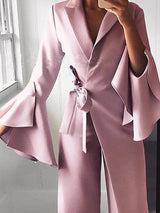 Women's Jumpsuits Lapel Flare Long Sleeve Belted Jumpsuit - Jumpsuits & Rompers - INS | Online Fashion Free Shipping Clothing, Dresses, Tops, Shoes - 04/09/2021 - Bottom - Category_Jumpsuits & Rompers