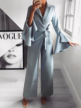 Women's Jumpsuits Lapel Flare Long Sleeve Belted Jumpsuit - Jumpsuits & Rompers - INS | Online Fashion Free Shipping Clothing, Dresses, Tops, Shoes - 04/09/2021 - Bottom - Category_Jumpsuits & Rompers