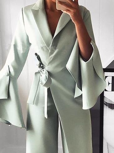 Women's Jumpsuits Lapel Flare Long Sleeve Belted Jumpsuit - Jumpsuits & Rompers - INS | Online Fashion Free Shipping Clothing, Dresses, Tops, Shoes - 04/09/2021 - Bottom - Category_Jumpsuits & Rompers