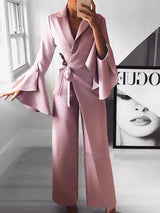 Women's Jumpsuits Lapel Flare Long Sleeve Belted Jumpsuit - Jumpsuits & Rompers - INS | Online Fashion Free Shipping Clothing, Dresses, Tops, Shoes - 04/09/2021 - Bottom - Category_Jumpsuits & Rompers