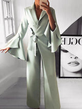 Women's Jumpsuits Lapel Flare Long Sleeve Belted Jumpsuit - Jumpsuits & Rompers - INS | Online Fashion Free Shipping Clothing, Dresses, Tops, Shoes - 04/09/2021 - Bottom - Category_Jumpsuits & Rompers