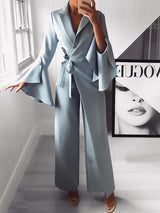 Women's Jumpsuits Lapel Flare Long Sleeve Belted Jumpsuit - Jumpsuits & Rompers - INS | Online Fashion Free Shipping Clothing, Dresses, Tops, Shoes - 04/09/2021 - Bottom - Category_Jumpsuits & Rompers