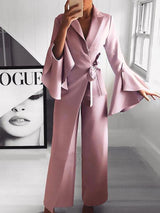 Women's Jumpsuits Lapel Flare Long Sleeve Belted Jumpsuit - Jumpsuits & Rompers - INS | Online Fashion Free Shipping Clothing, Dresses, Tops, Shoes - 04/09/2021 - Bottom - Category_Jumpsuits & Rompers