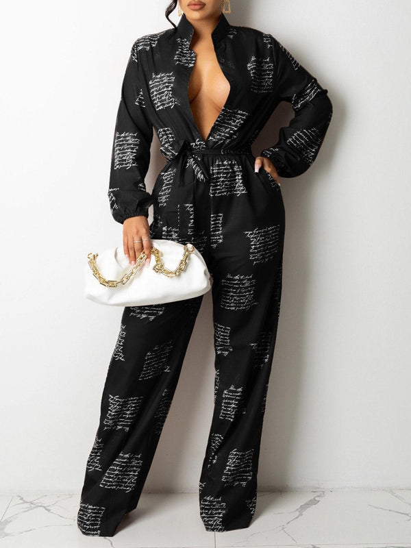 Women's Jumpsuits Letter Print Long Sleeve Shirt Jumpsuit With Belt - Jumpsuits & Rompers - INS | Online Fashion Free Shipping Clothing, Dresses, Tops, Shoes - 16/09/2021 - 40-50 - Bottom