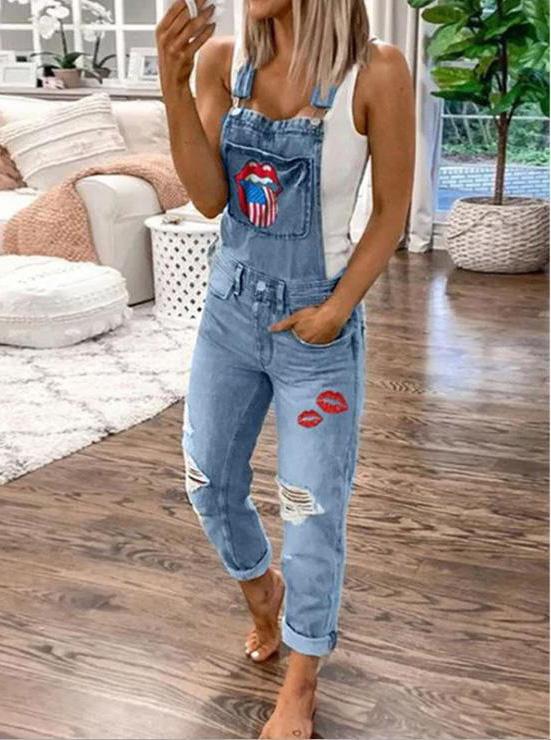 Women's Jumpsuits Lip Print Hole Pockets Washed Denim Jumpsuit - Jumpsuits & Rompers - INS | Online Fashion Free Shipping Clothing, Dresses, Tops, Shoes - 01/12/2021 - 40-50 - Bottoms