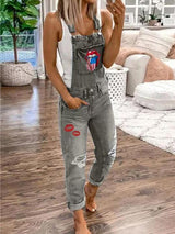 Women's Jumpsuits Lip Print Hole Pockets Washed Denim Jumpsuit - Jumpsuits & Rompers - INS | Online Fashion Free Shipping Clothing, Dresses, Tops, Shoes - 01/12/2021 - 40-50 - Bottoms