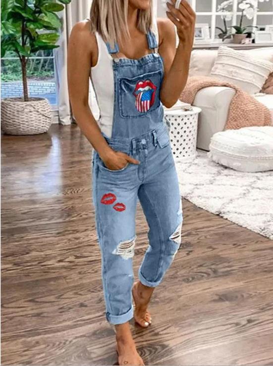 Women's Jumpsuits Lip Print Hole Pockets Washed Denim Jumpsuit - Jumpsuits & Rompers - INS | Online Fashion Free Shipping Clothing, Dresses, Tops, Shoes - 01/12/2021 - 40-50 - Bottoms