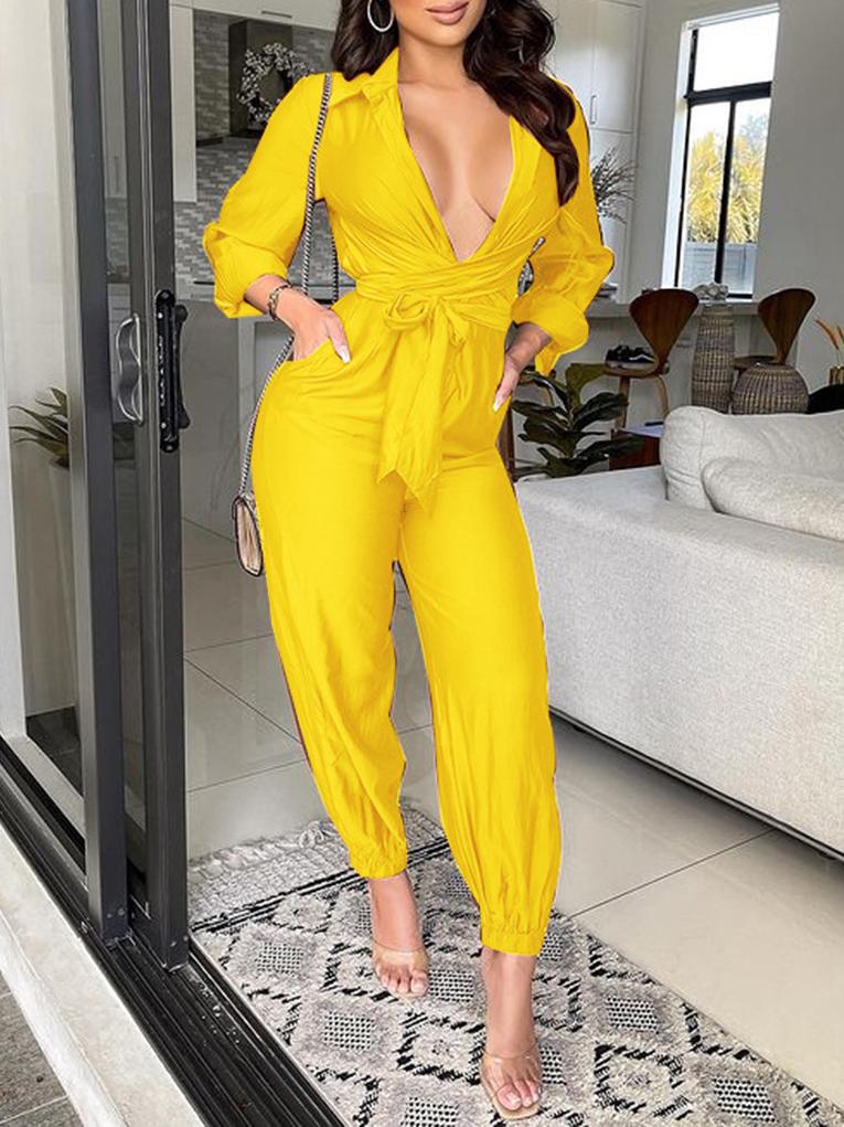 Women's Jumpsuits Solid Long Sleeve Belted Button Jumpsuit - Jumpsuits & Rompers - INS | Online Fashion Free Shipping Clothing, Dresses, Tops, Shoes - 25/10/2021 - 40-50 - Bottoms