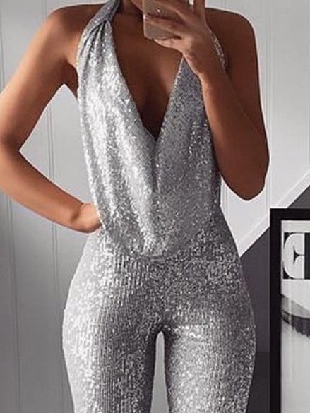 Women's Jumpsuits Sparkling Beads Deep V-Neck Sleeveless Jumpsuit - Jumpsuits & Rompers - Instastyled | Online Fashion Free Shipping Clothing, Dresses, Tops, Shoes - 30/12/2021 - Bottoms - color-one-set5-pcs