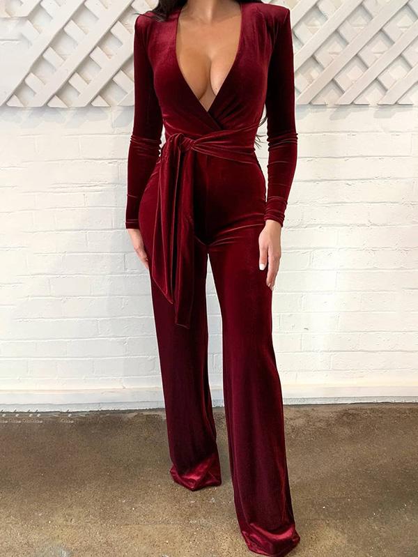 Women's Jumpsuits Velvet Deep V-Neck High-Waisted Wide-Leg Jumpsuit - Jumpsuits & Rompers - Instastyled | Online Fashion Free Shipping Clothing, Dresses, Tops, Shoes - 13/12/2021 - 40-50 - Bottoms