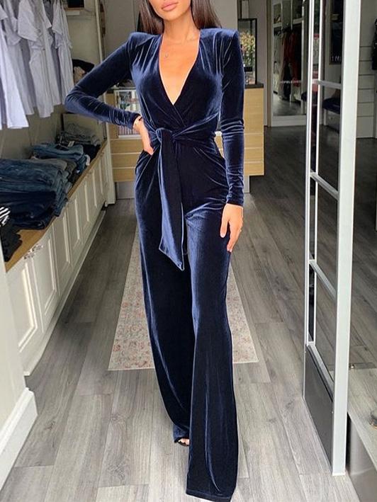 Women's Jumpsuits Velvet Deep V-Neck High-Waisted Wide-Leg Jumpsuit - Jumpsuits & Rompers - Instastyled | Online Fashion Free Shipping Clothing, Dresses, Tops, Shoes - 13/12/2021 - 40-50 - Bottoms